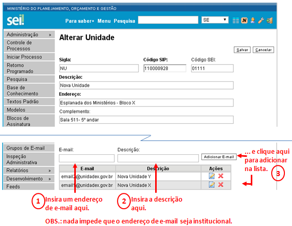 tela incluir email unidades