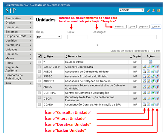 tela listar unidades